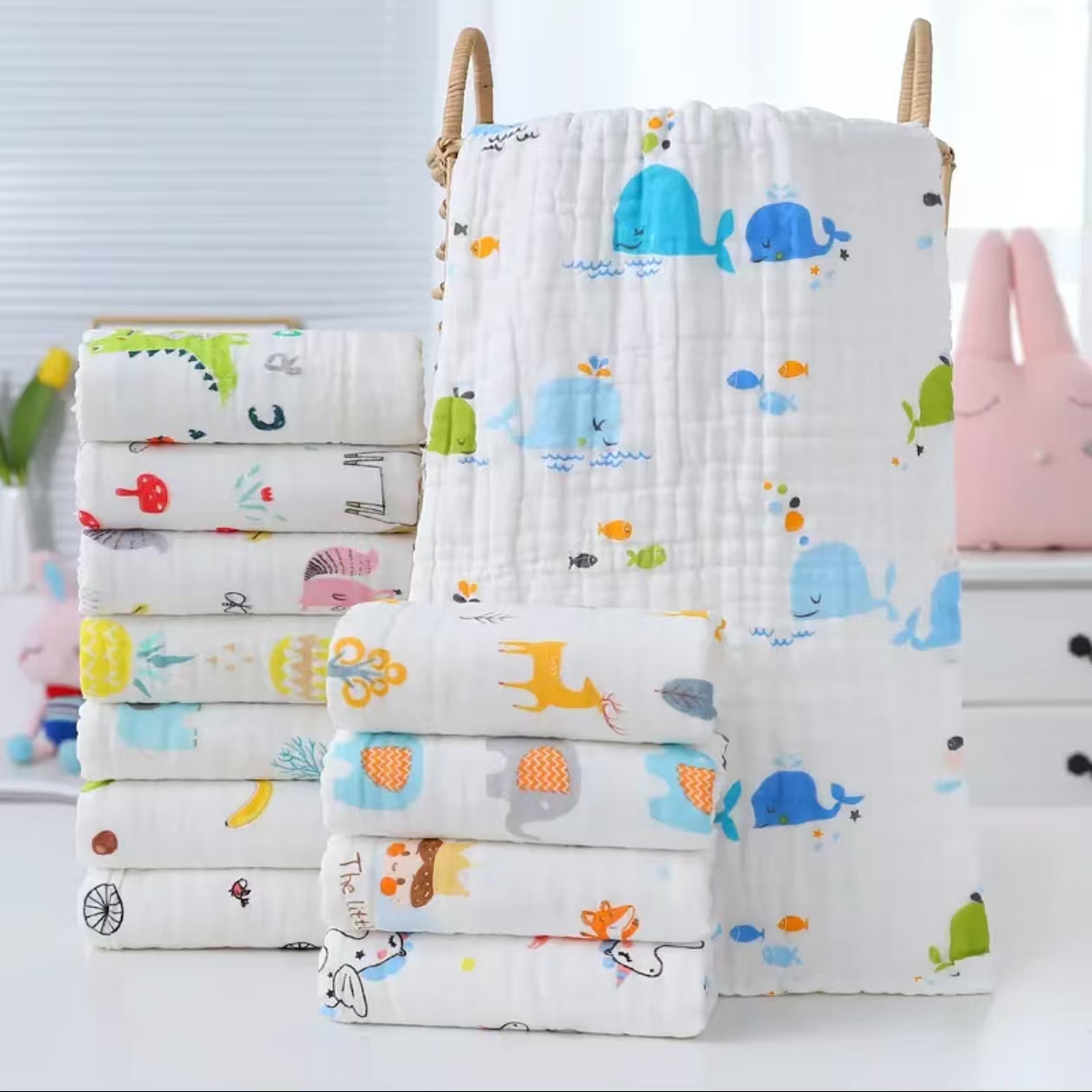 四层110*180cm士5cm成人儿童纱布浴巾盖毯毛巾被超柔吸水拉伸测量