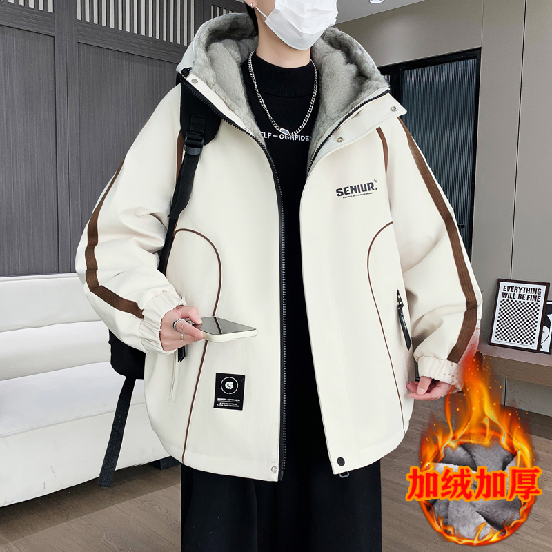 青少年加绒加厚男生冬季连帽夹克学院风潮流百搭宽松保暖防寒外套