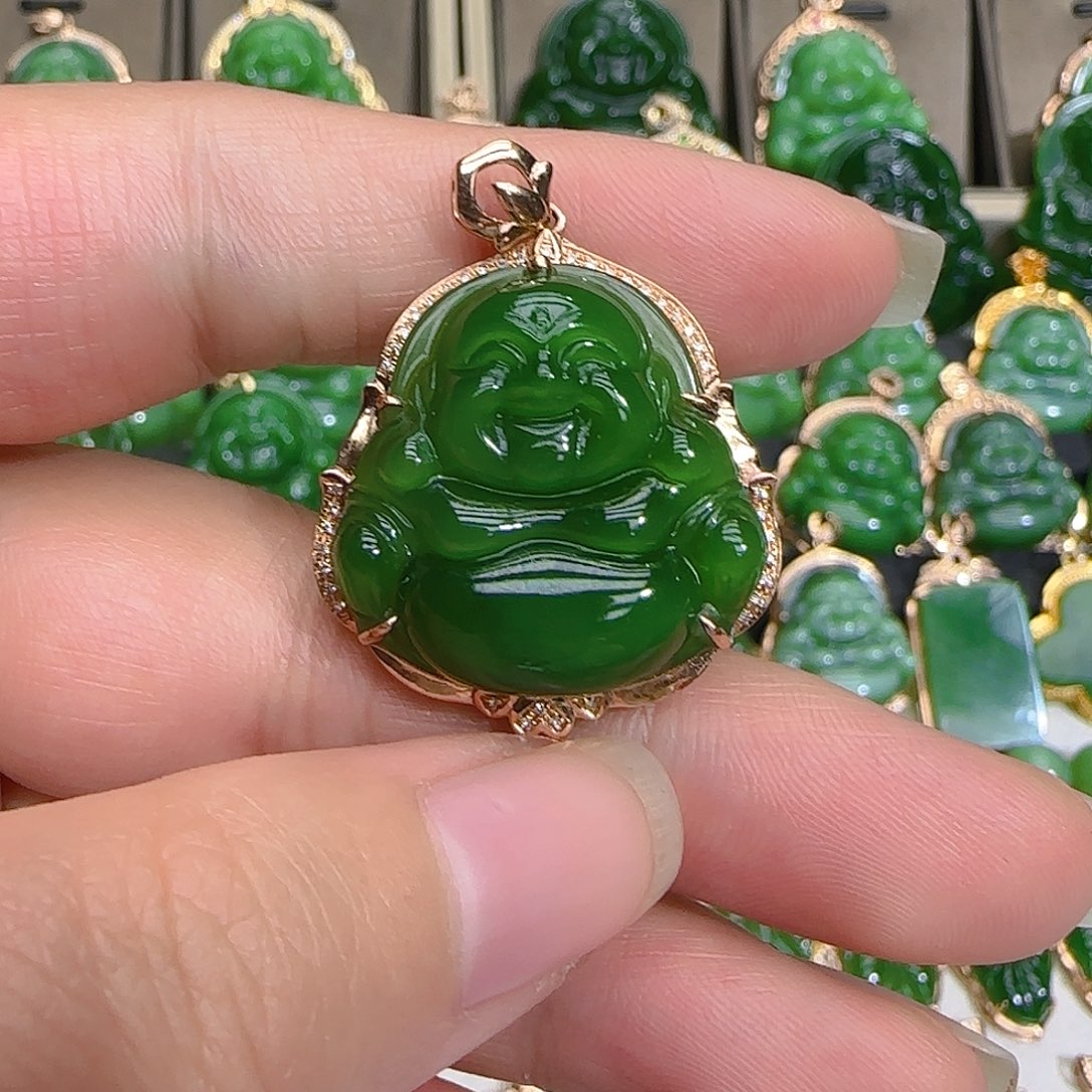 和田玉（碧玉）吊坠(不含链)18K金镶嵌