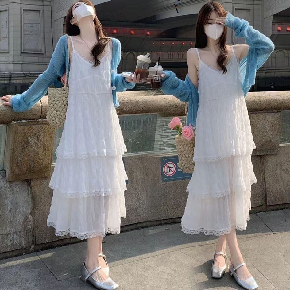 直播间款请勿乱拍夏季白色蕾丝吊带蛋糕裙气质长裙适合海边度假