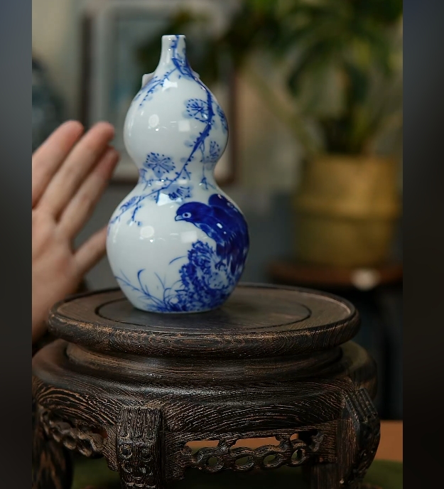 景德镇国企好瓷推荐青花花鸟画片葫芦赏瓶142