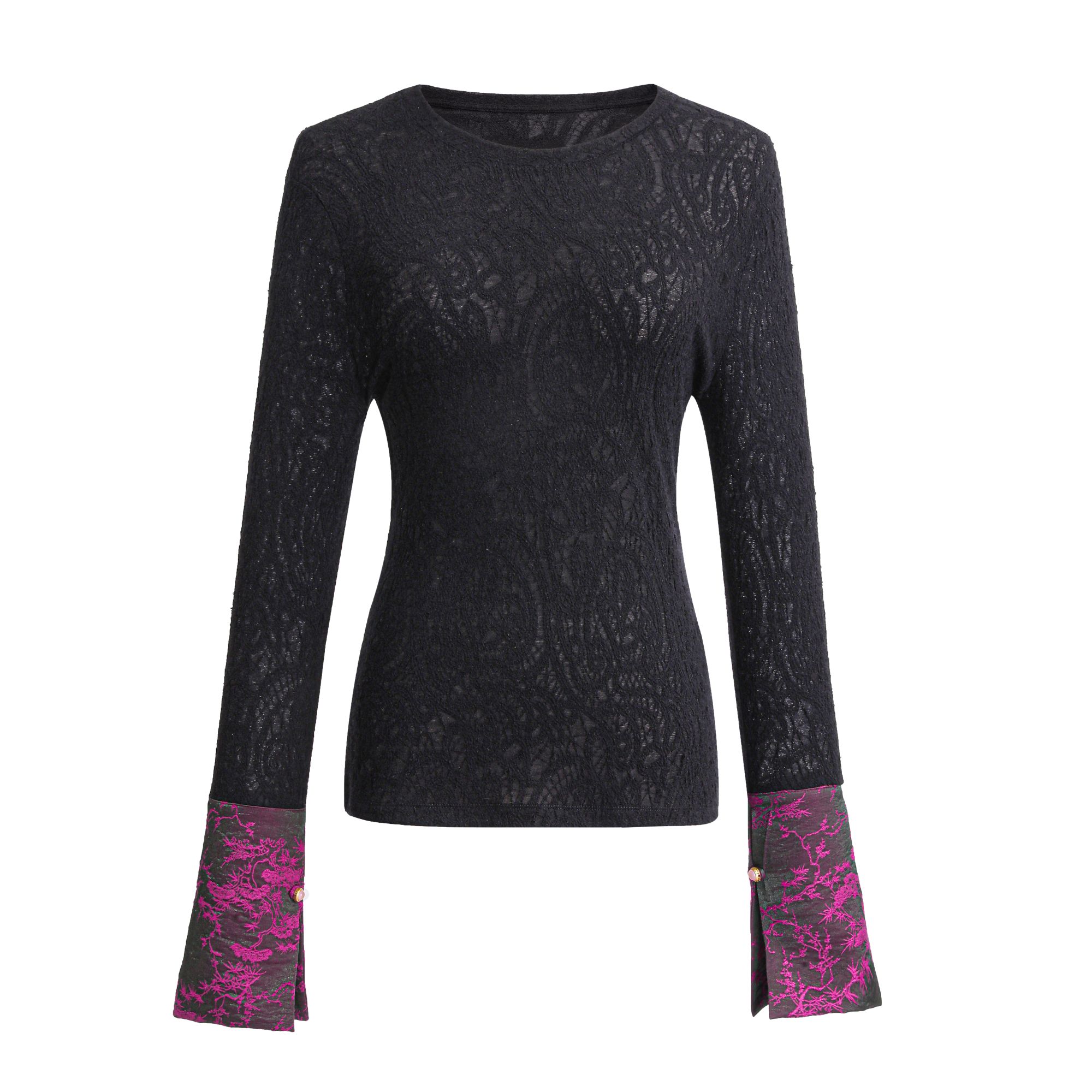 2025修身长袖百搭包袖女黑色提花掐腰女士T恤圆领拼接打底衫