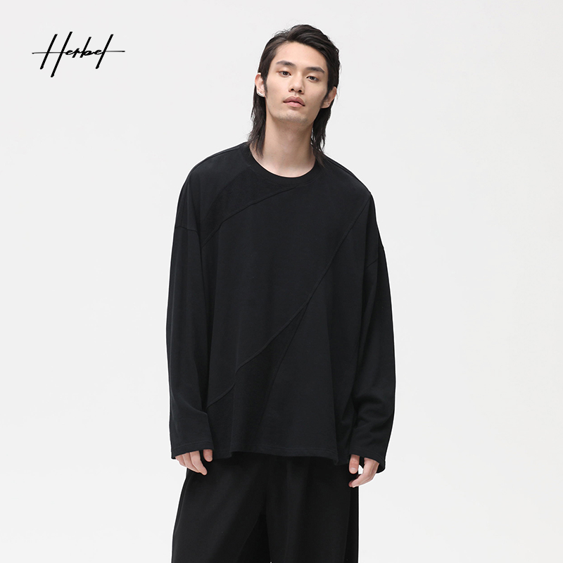 HERBEL/黑白早秋穿搭 季男士长袖T恤百搭款式时尚休闲潮流纯色
