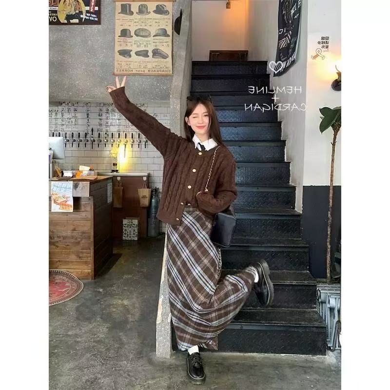 美拉德小香风麻花毛衣外套针织衫半身长裙套装裙子格子裙