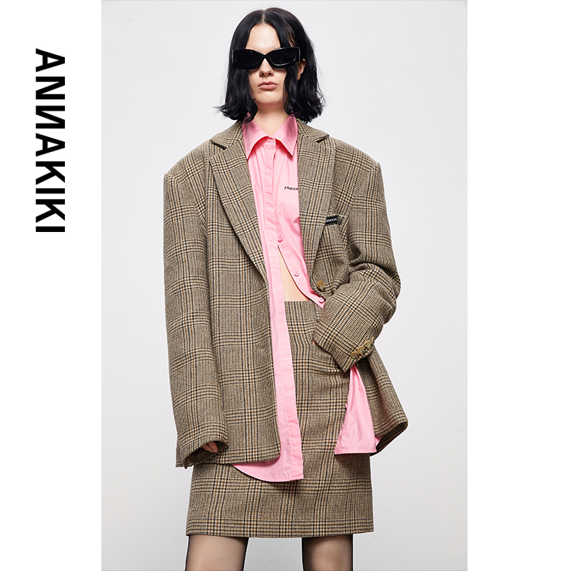 【Aunisex专属】 ANNAKIKI 羊毛格纹宽松西装 3D4B0618H872