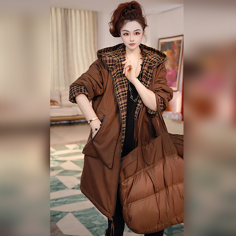 【Linda姐高端线】冬季时尚气质格纹双面穿连帽棉服外套AF5WMF0255