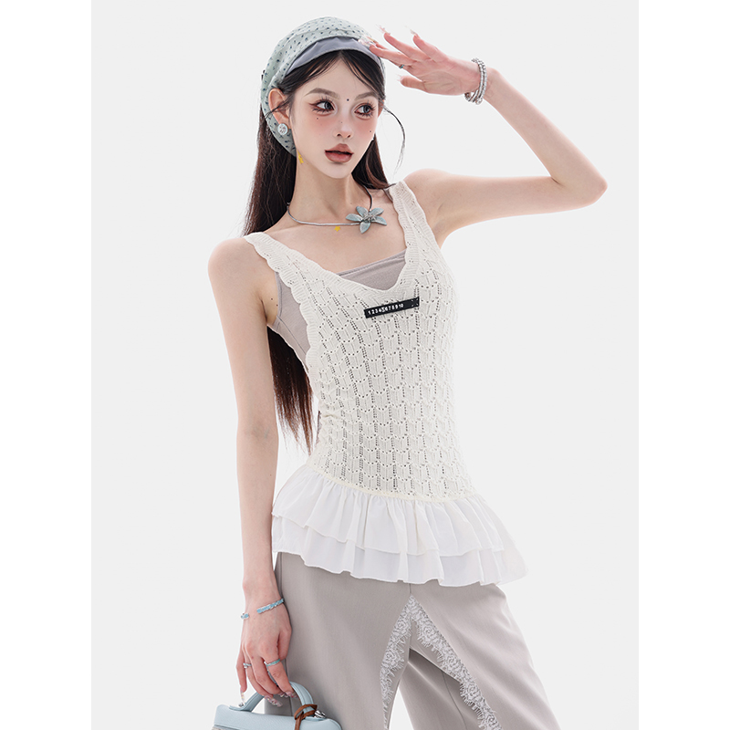 ABWEAR 繁花织梦-原创镂空拼接背心吊带女V领荷叶边显瘦无袖上衣