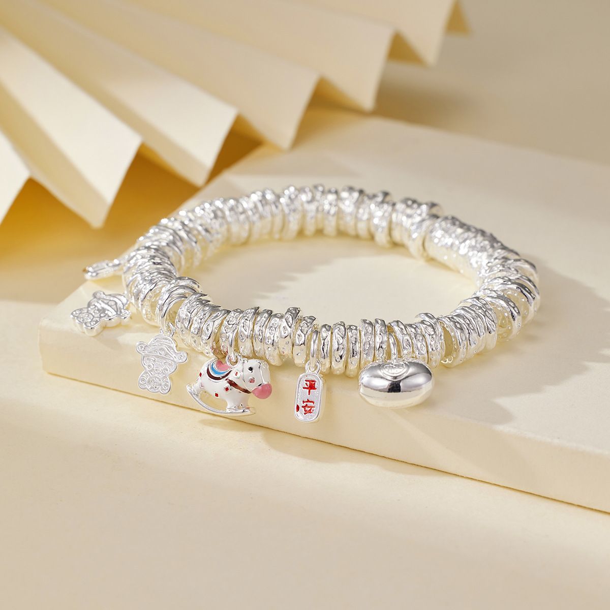 999.9银【马到成功】珐琅彩小木马多宝盘缠链