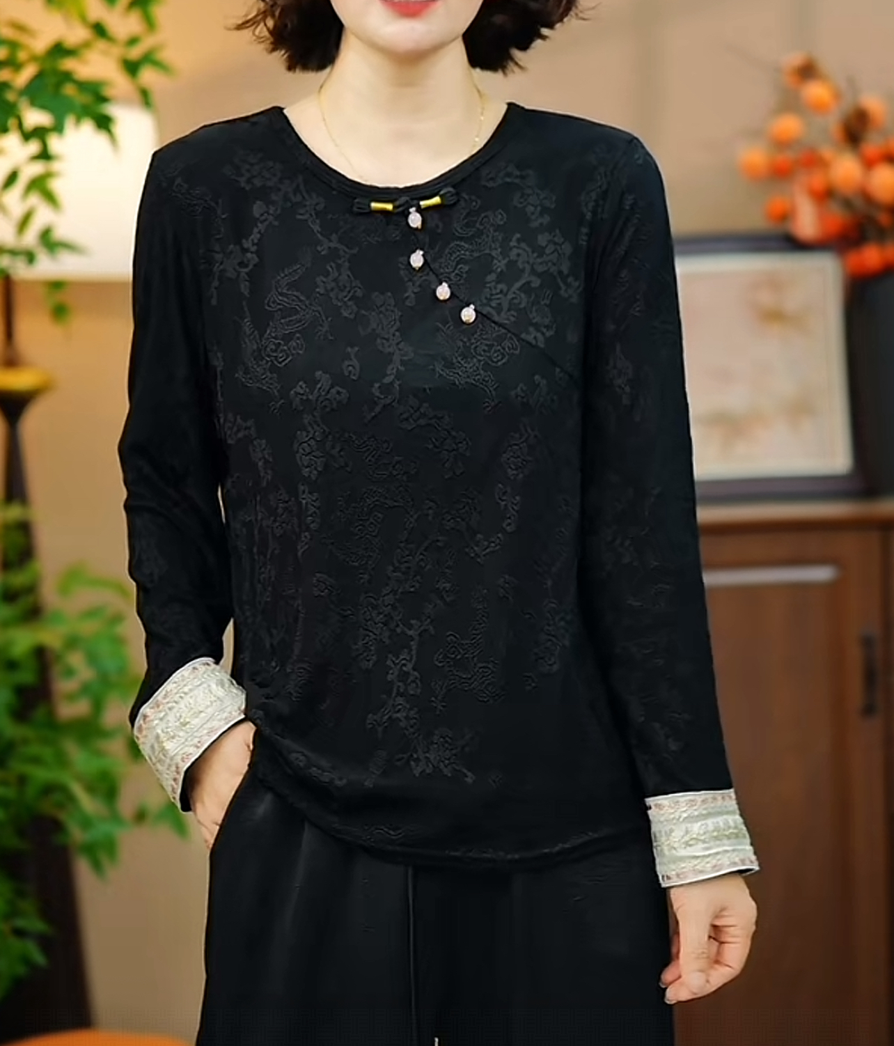 提花长袖圆领新中式文艺针织T恤复古提花宽松民族风017