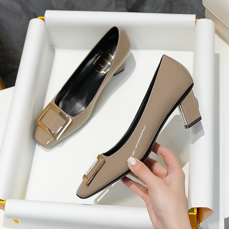 【RV方扣】浅口小方跟方头欧美风单鞋漆皮中跟欧若智性风气质女鞋