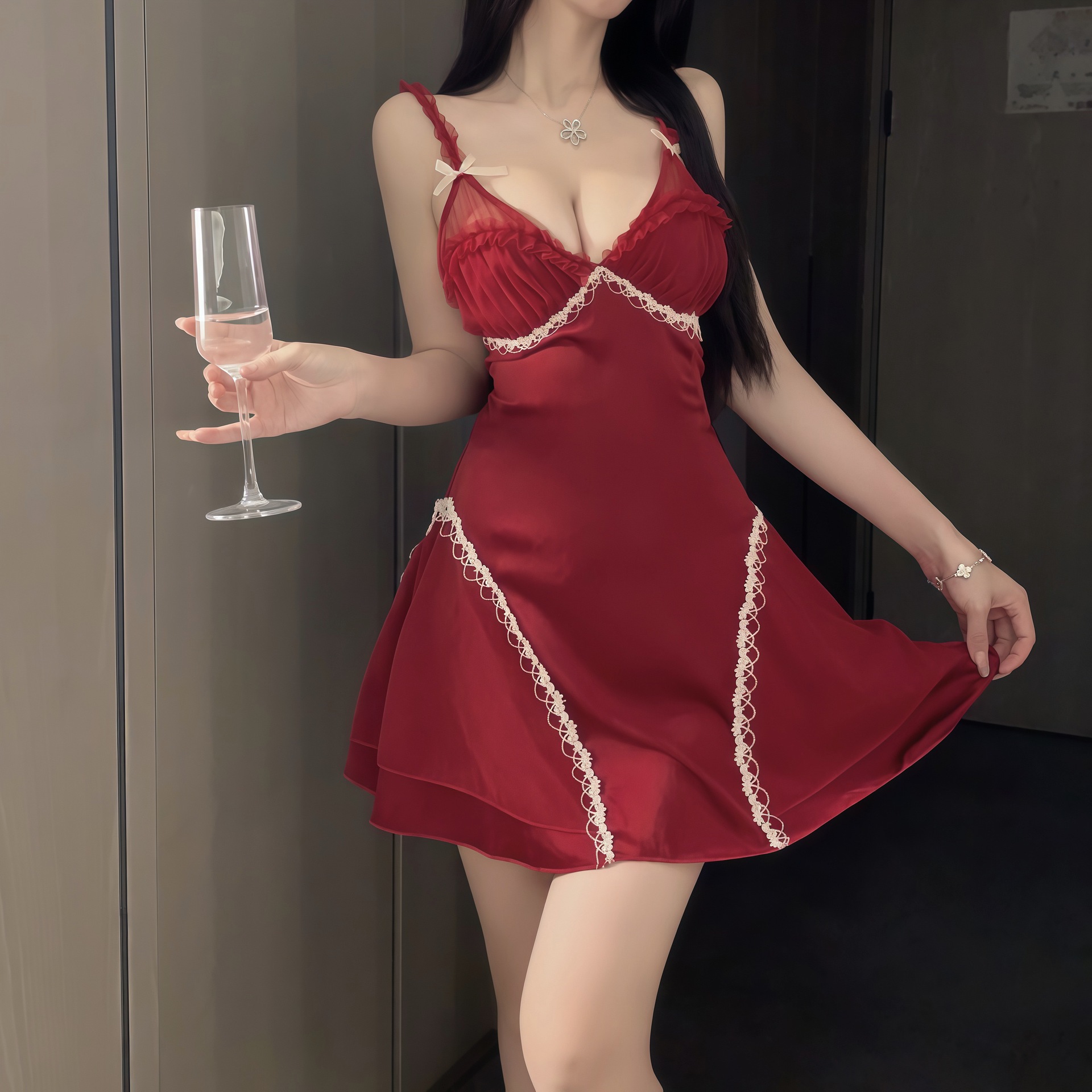 带胸垫金丝绒吊带睡裙女蕾丝春秋季性感纯欲公主风睡袍套装家居服