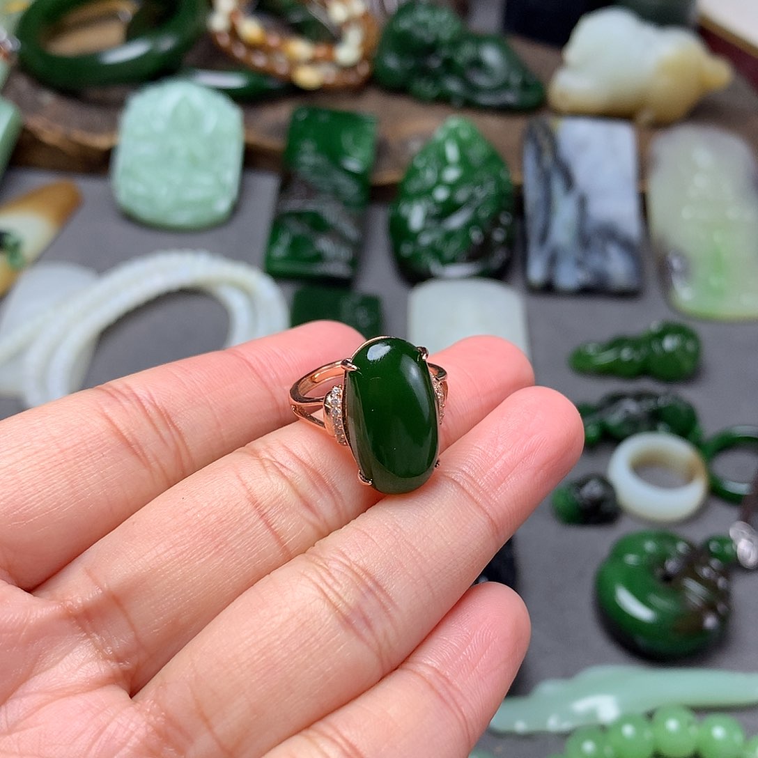 和田玉戒指银S925镀金镶嵌