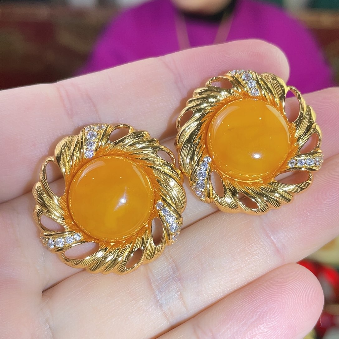 蜜蜡耳钉银S925镀金镶嵌