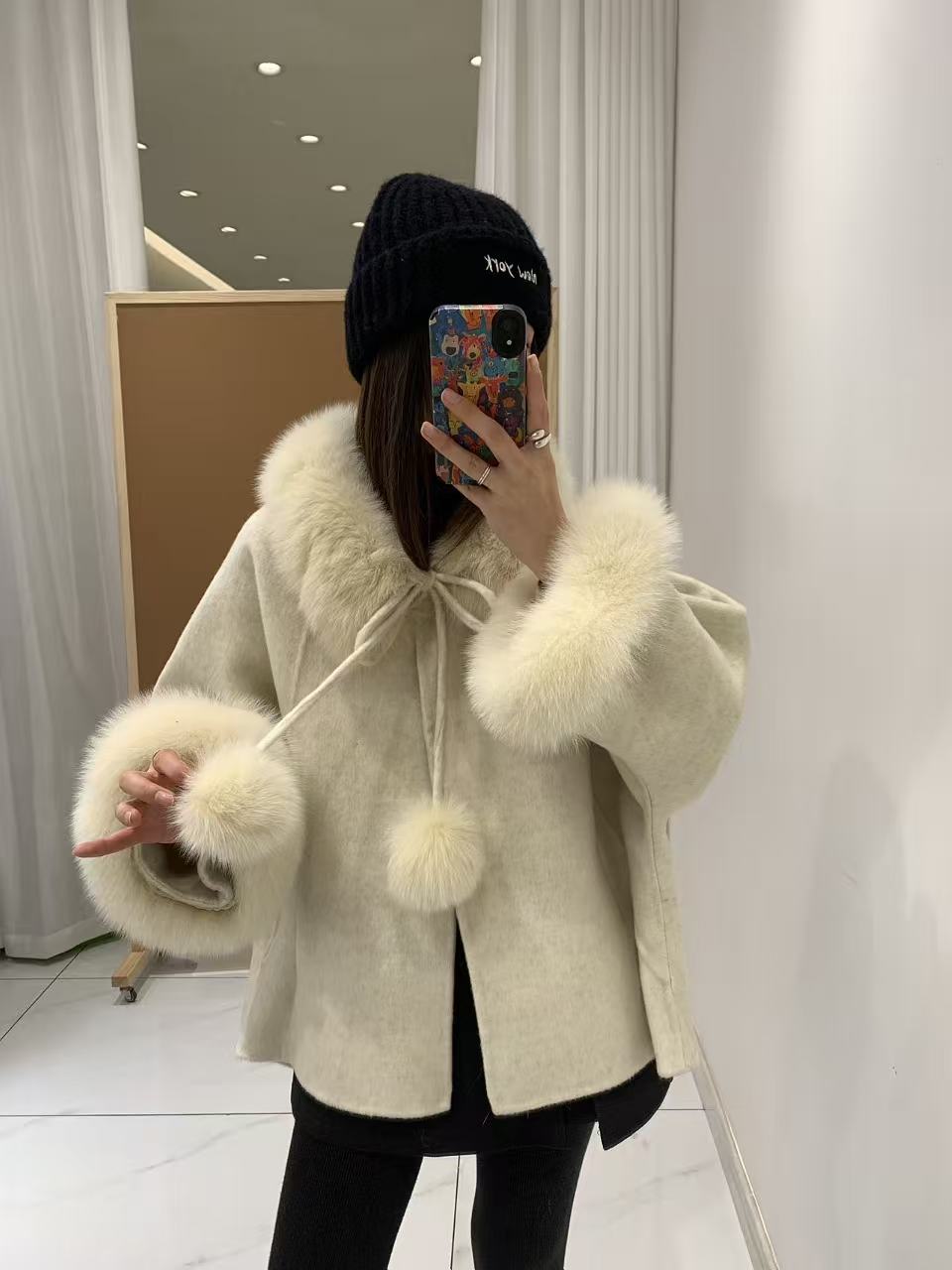 可米 新款 气质设计宽松年货款蝙蝠袖毛球双面羊面 9250（衣长67）