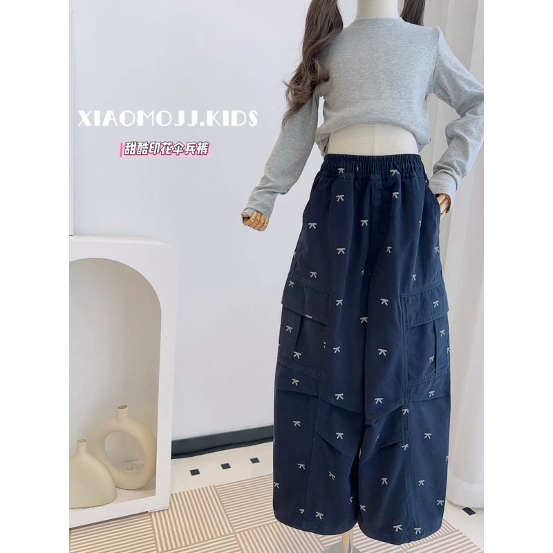女童2025秋亲子女团风整条蝴蝶结印花全棉工装裤伞兵裤8618
