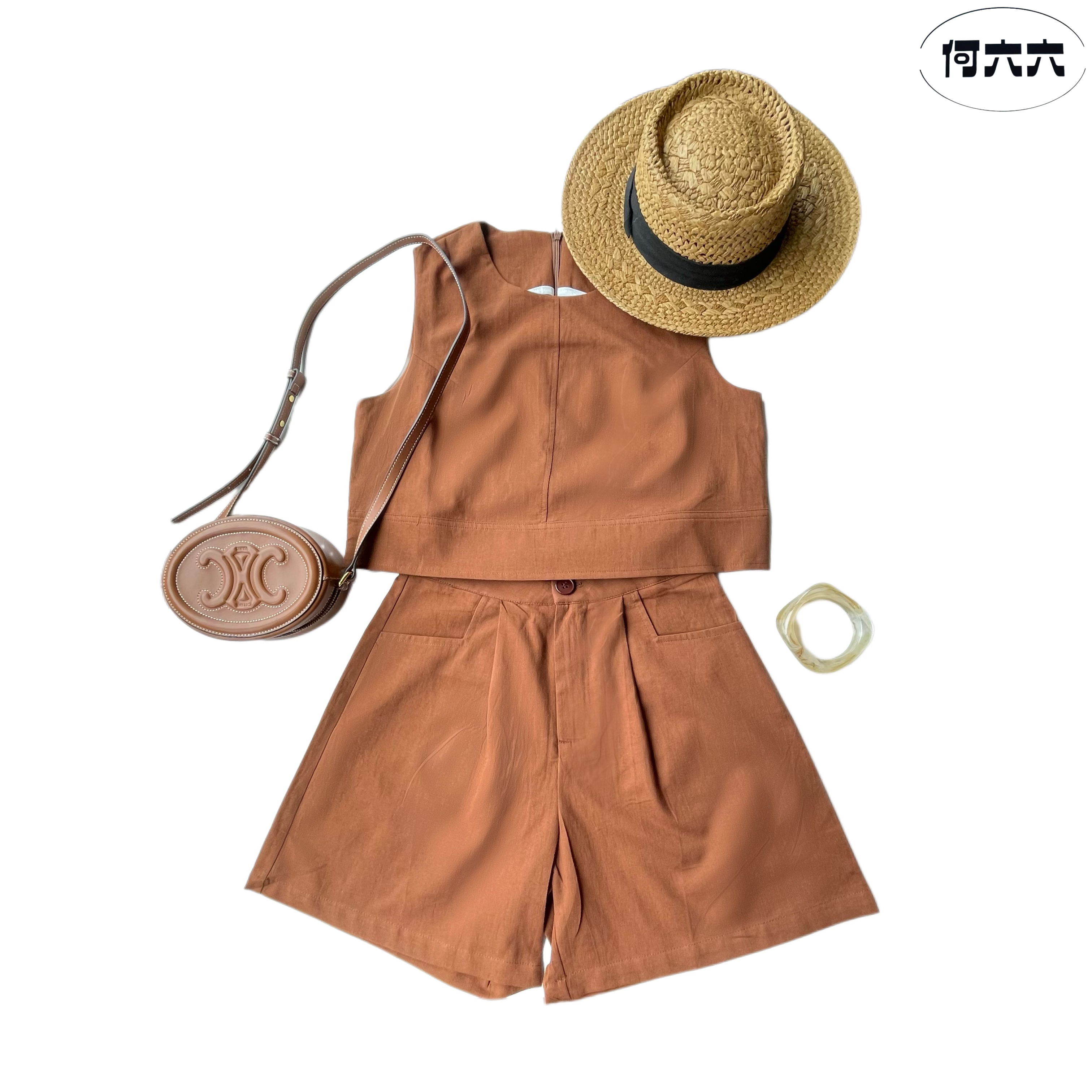 夏季新款深棕简约休闲背心短裤套装气质减龄显瘦时尚