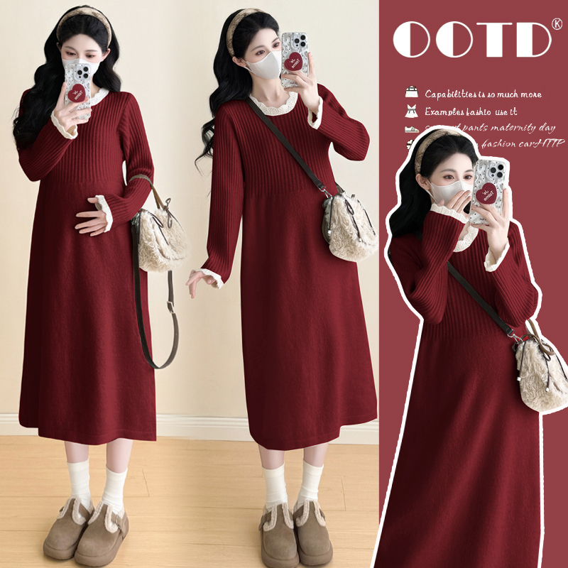 洋气孕妇装连衣裙秋冬针织时尚花边拼接中长款裙子宽松加厚打底裙