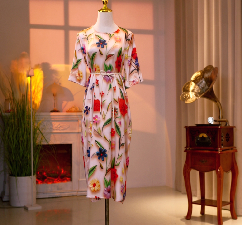 桑蚕丝高定时尚气质减龄优雅修身连衣裙显瘦碎花长款长裙250038