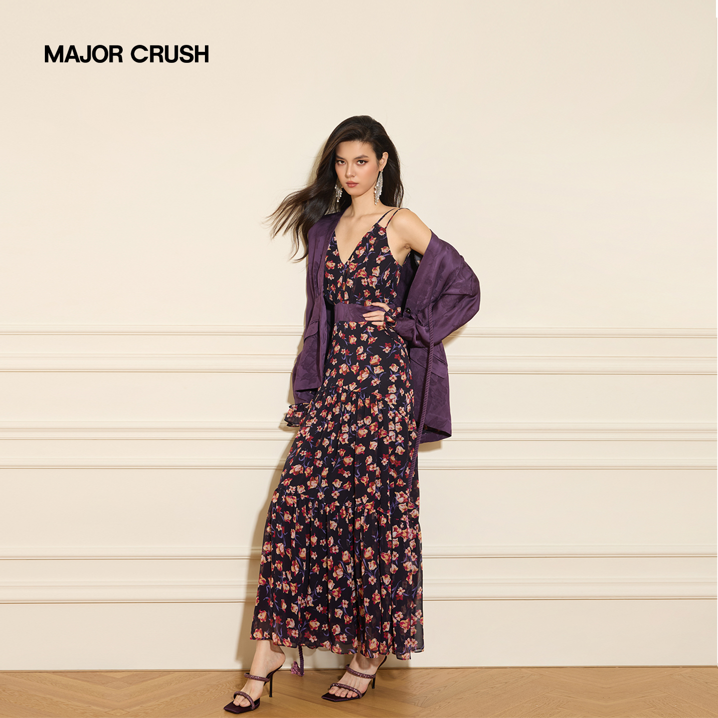 MAJOR CRUSH新款紫色碎花套裙设计师复古秋季套装69559