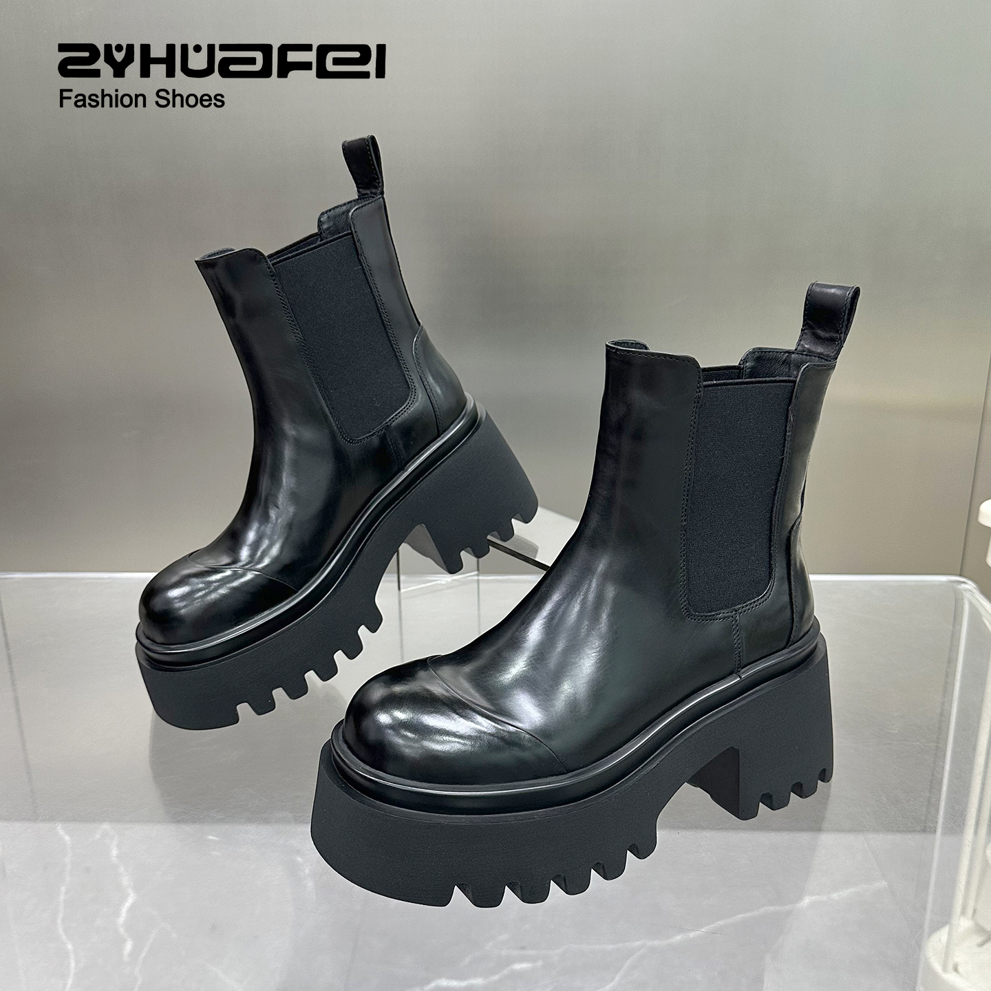 【左右华菲】8cm潮流时尚厚底切尔西靴2025秋冬新款百搭黑色中筒靴