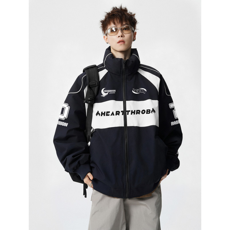 立领大码赛车棉衣外套oversize秋冬休闲时男款男士皮毛一体棉衣