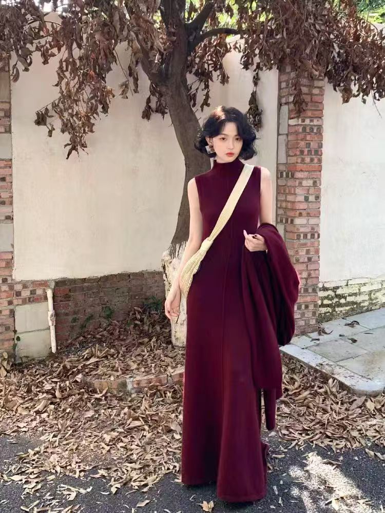 法式复古2025秋冬浴袍式长款外套+无袖针织连衣裙两件套毛衣套装