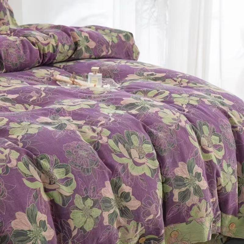 色织有氧双层纱四件套亲肤透气柔软四季款-风华绝代紫纽扣款