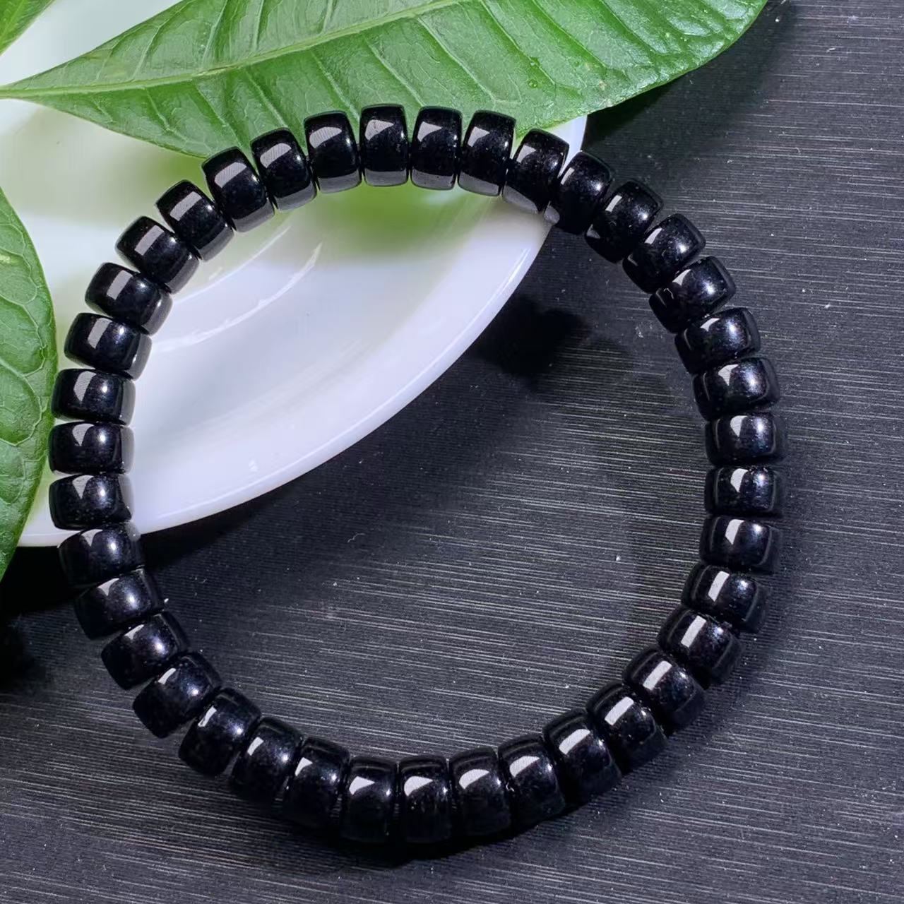 【金钰尚品】天然黑玛瑙直切老型药片手串-7.7mm简约黑色气质经典