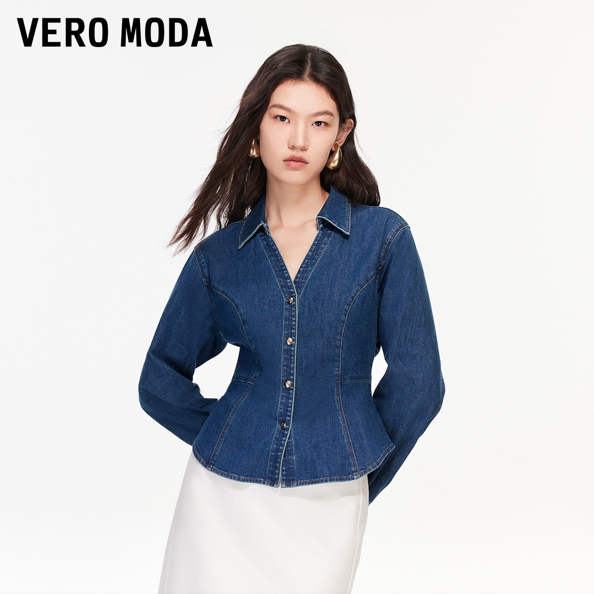 Vero Moda衬衫2026春季新款含棉V领蝙蝠袖收腰牛仔衬衫时尚洋气