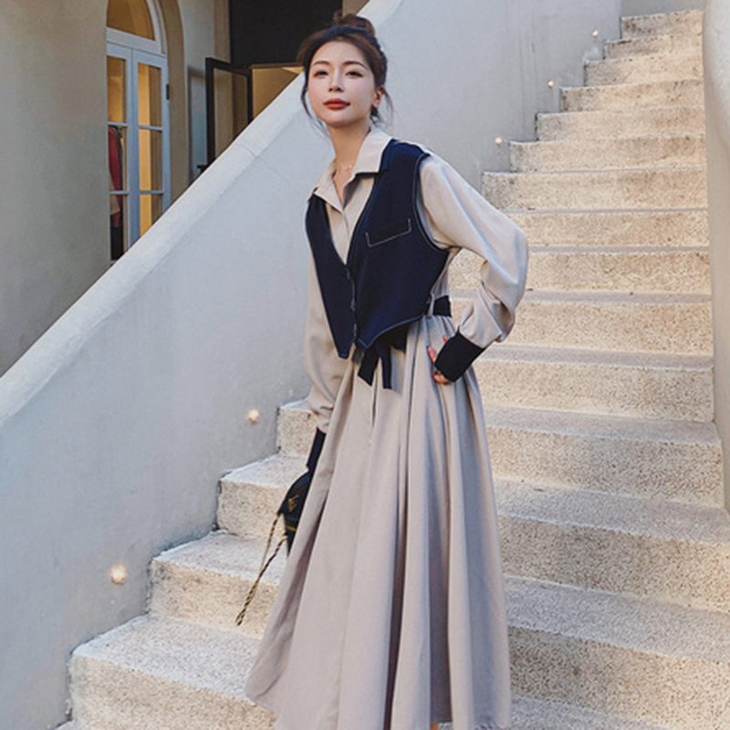 法式桔梗衬衫连衣裙女秋季2025新款高级感气质马甲复古长裙子2112