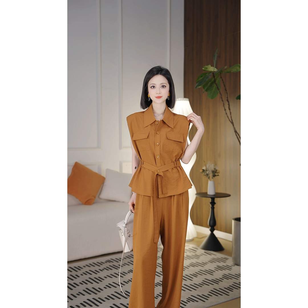 时尚套装休闲衬衫上衣设计感无袖衬衫高腰阔腿裤两件套女
