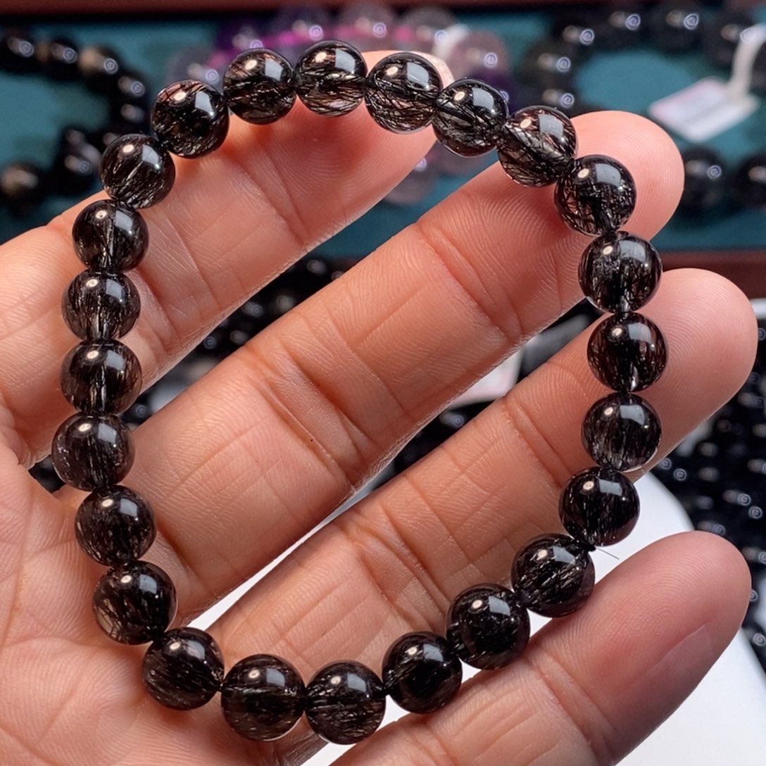 水晶手串未镶嵌黑发晶全透体满发蕾丝7.5mm