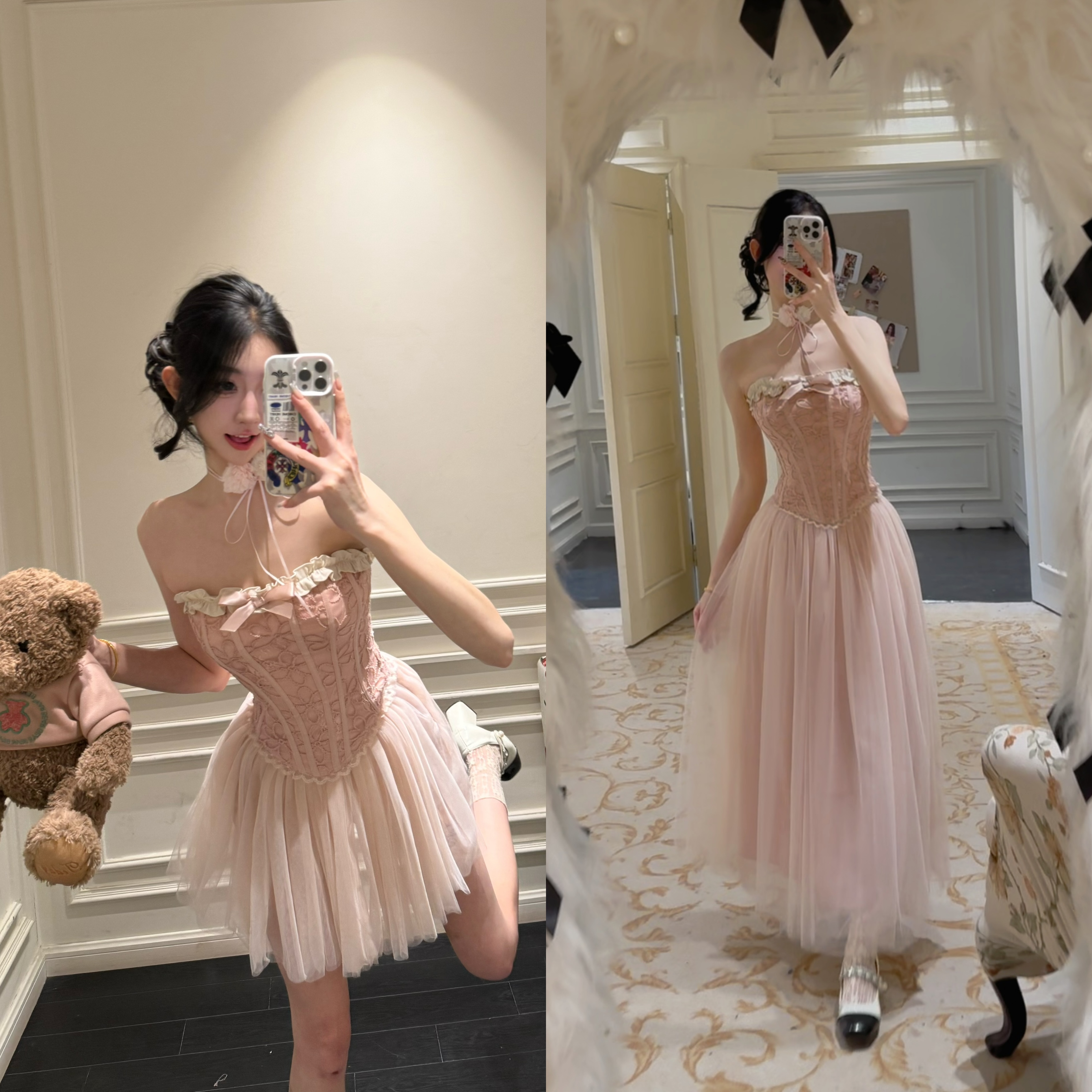 【莓果微甜】法式浪漫绝美蝴蝶结抹胸上衣收腰粉色网纱裙裙套装