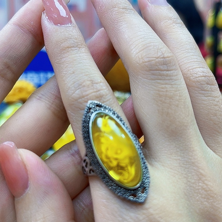 蜜蜡银S925镶嵌裸石戒指