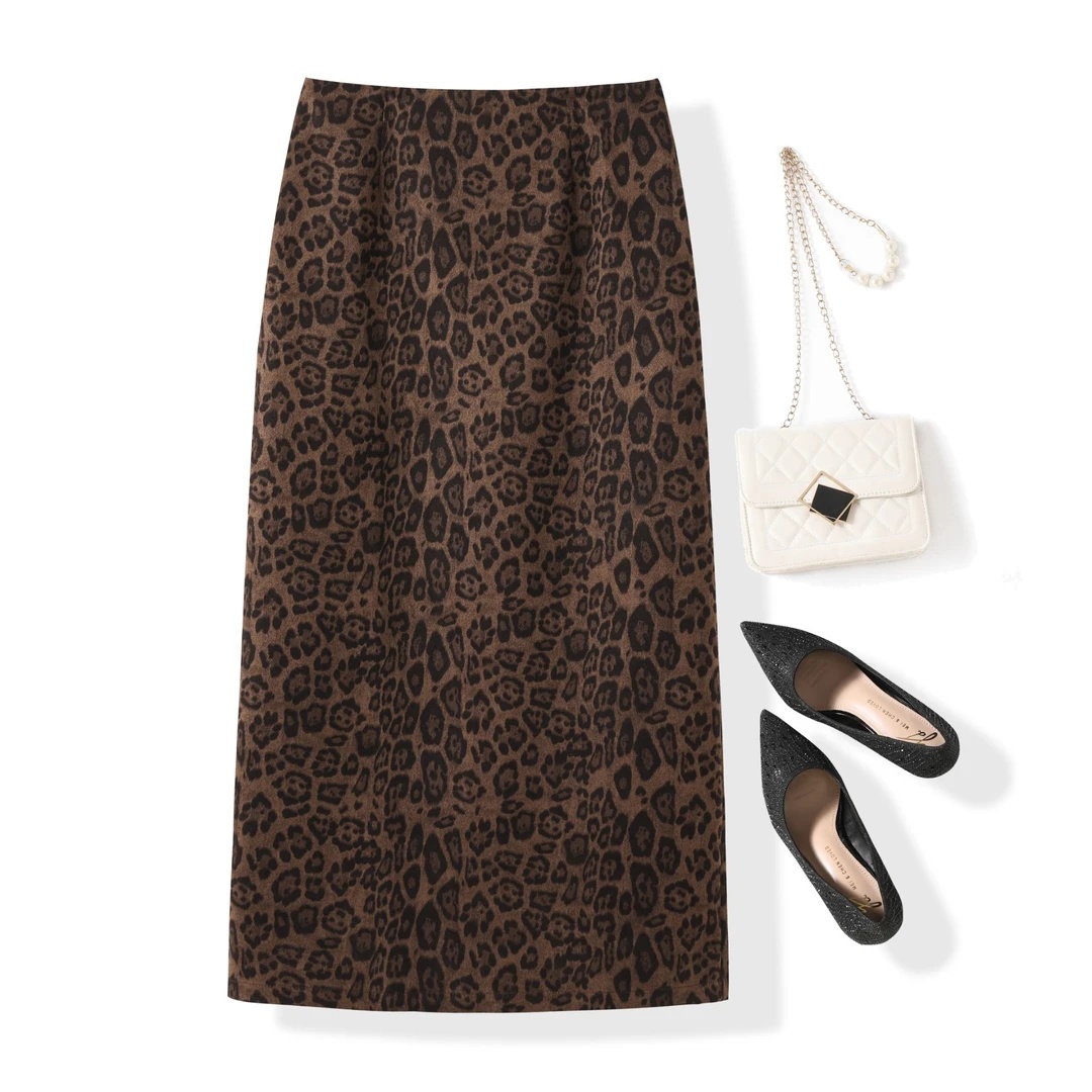 【2个裙长+后开叉】复古气质豹纹洋气女装春秋季鹿皮绒后开衩半身裙