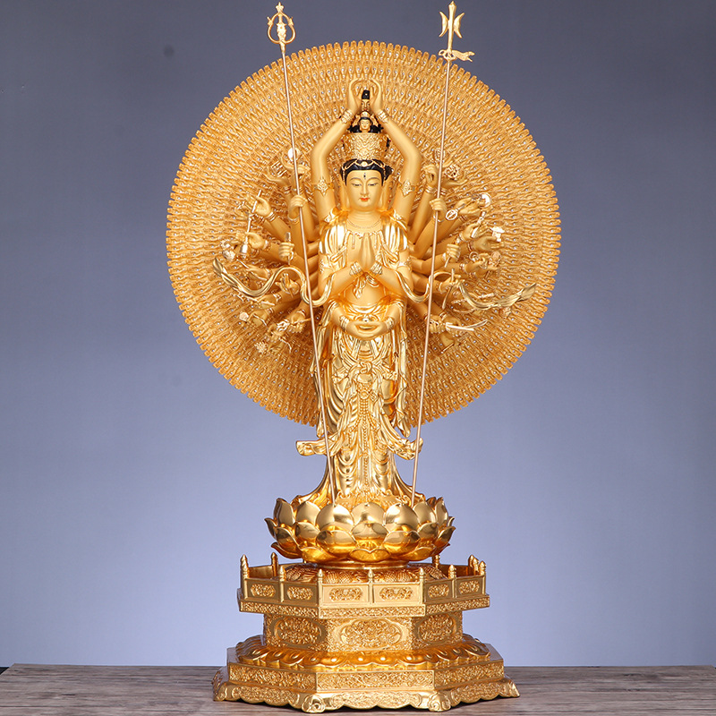 圆通工艺佛具用品黄铜贴真金箔80CM站千手千眼大悲观世音菩萨摆件