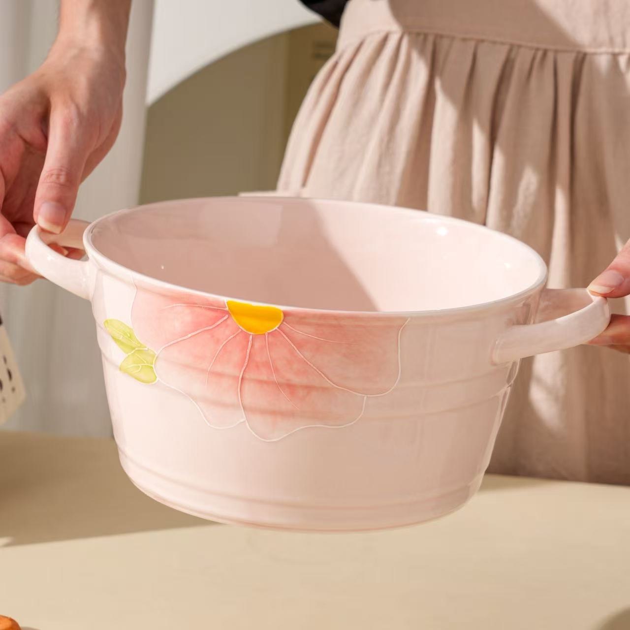 【清晨物语】大容量双线大汤碗双耳汤碗陶瓷高温手绘浮雕釉下彩汤碗