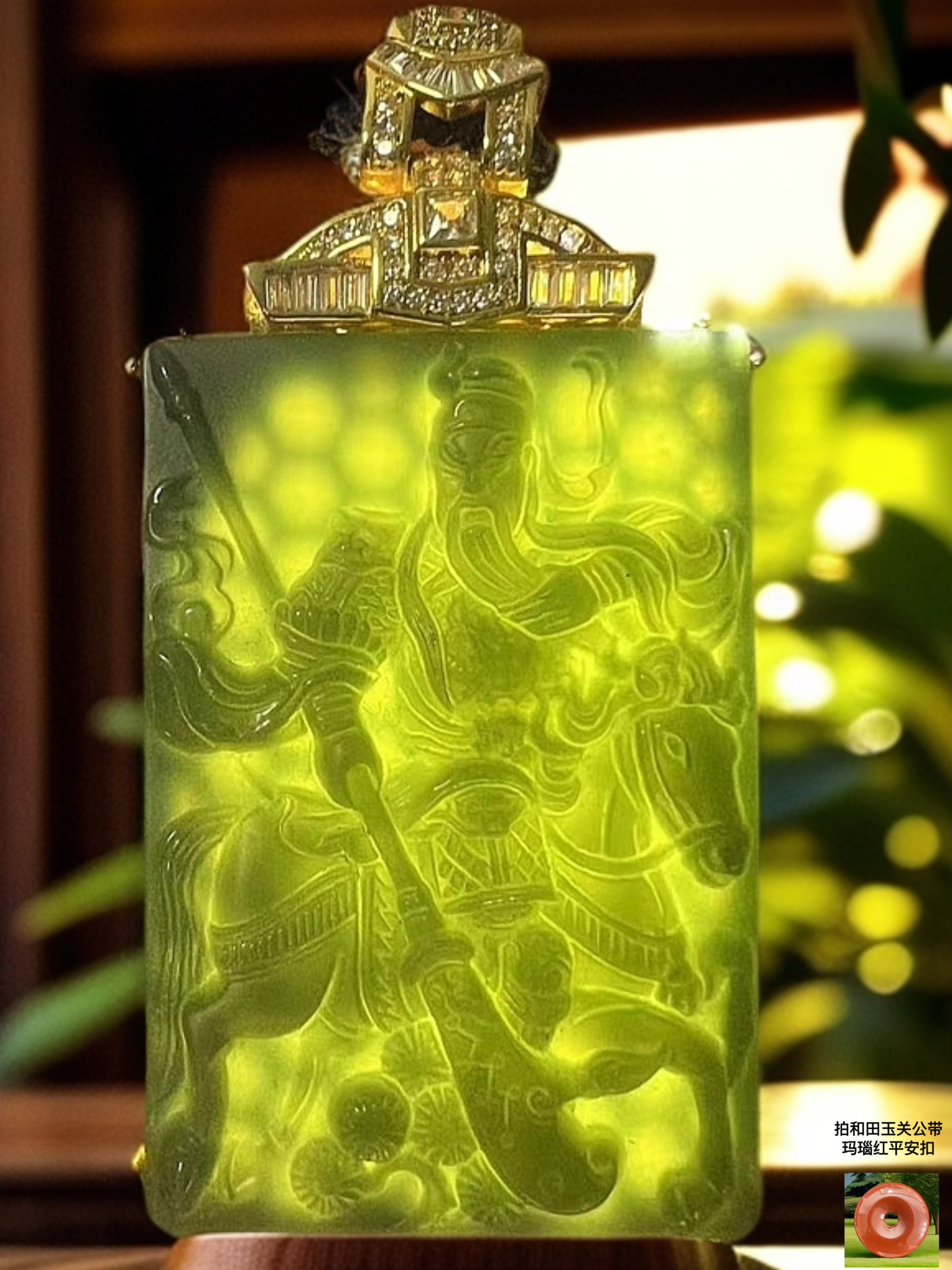 和田玉  关公 合金镶嵌   吊坠 带红平安扣   带盒子  sz 553