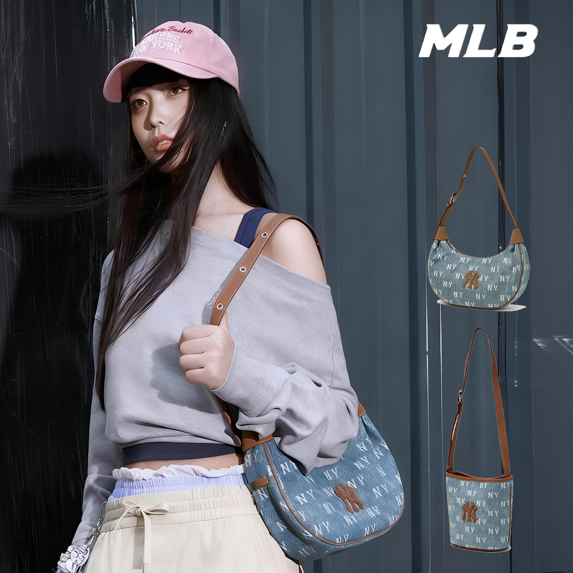 MLB正品2025秋冬新款男女情侣牛仔老花时尚大LOGO可调节挎包