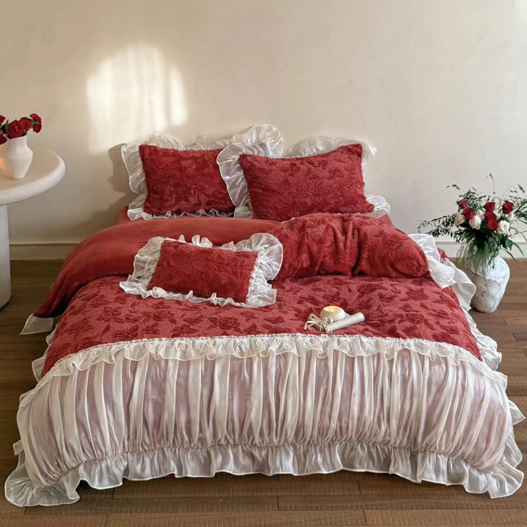 法式公主风冬季牛奶绒四件套加厚珊瑚绒花边双面绒被套保暖床品