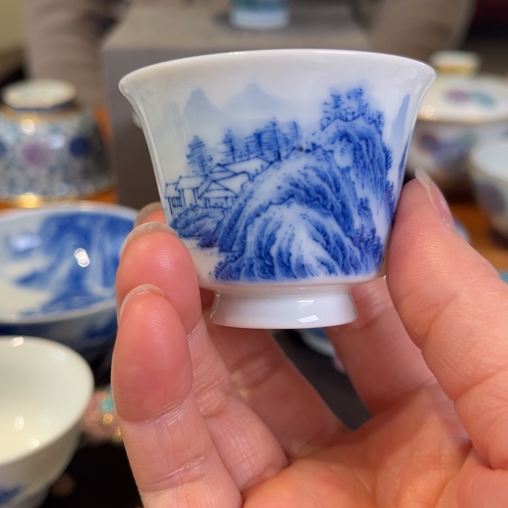 碗沈窑青花山水杯