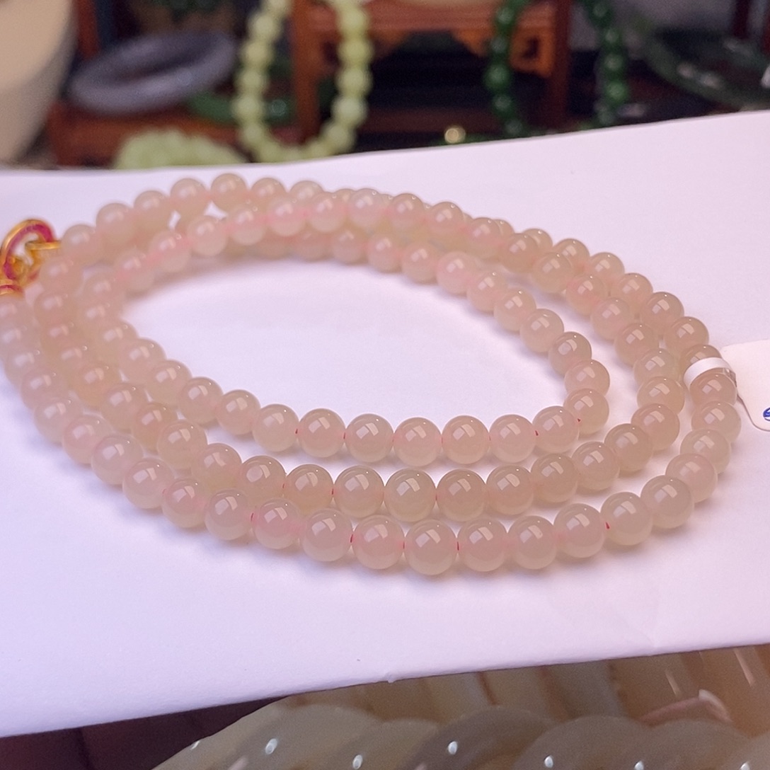 和田玉清货价熟藕粉红粉毛衣链6mm未镶嵌