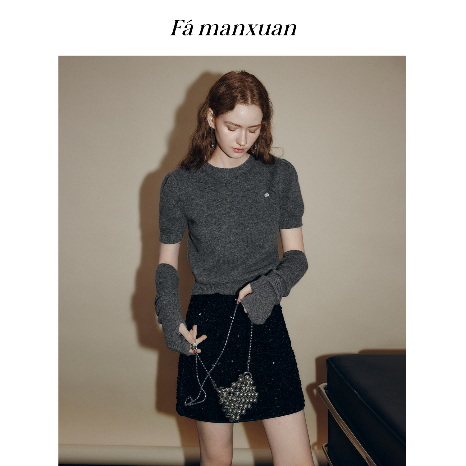 【陈大可专属】法曼萱红色圣诞羊毛针织衫女2025短袖毛衣袖套上衣