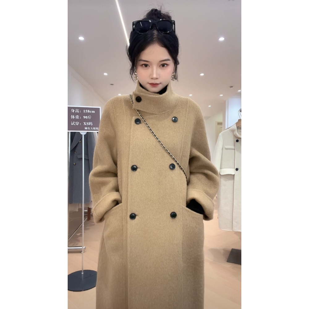 韩版经典百搭双排扣高领设计柔软厚实羊毛大衣5503 