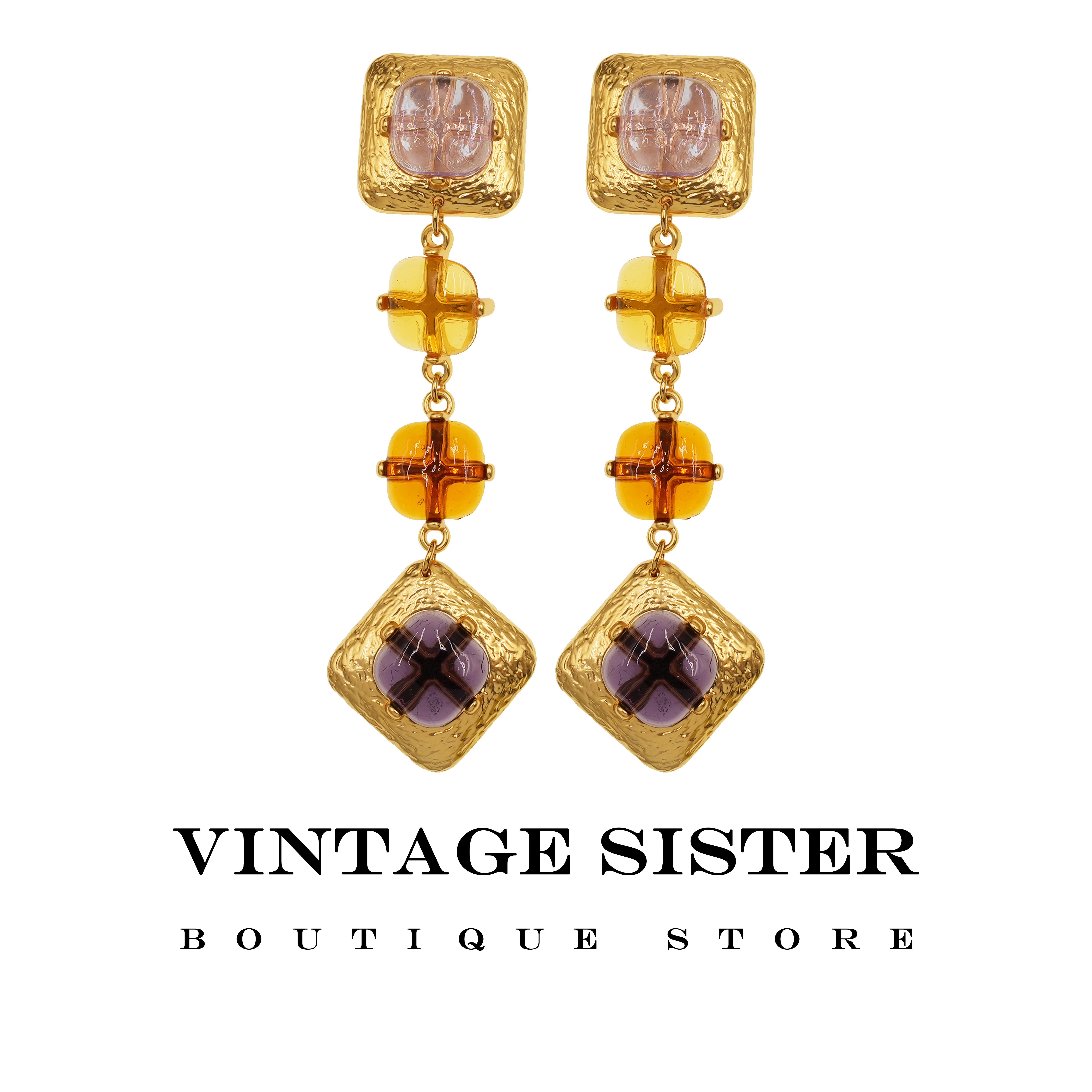 VINTAGE SISTER 合金玻璃耳饰 21901彩色方型扫肩耳夹时尚轻奢女 