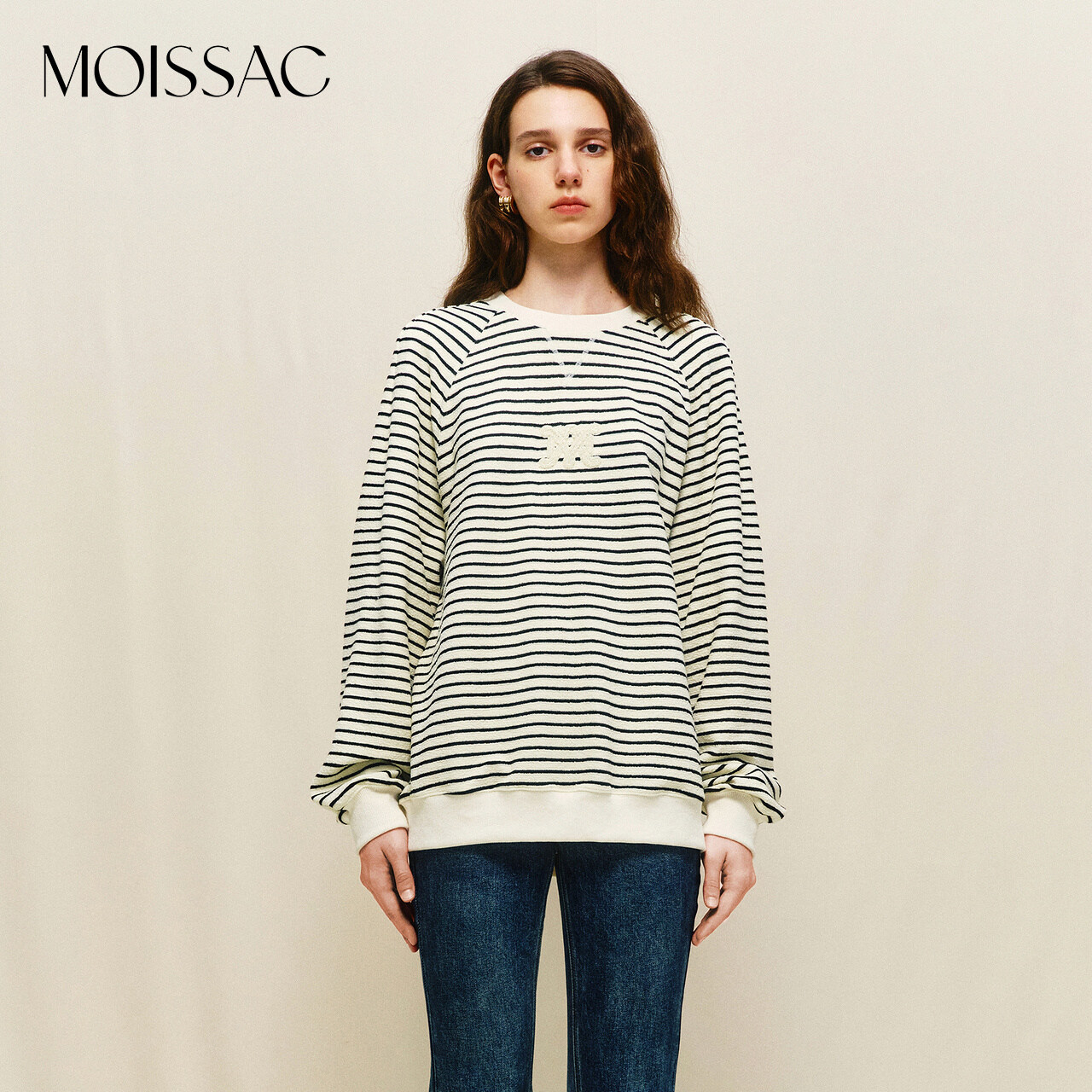 【达人专享】MOISSAC摩萨克冬休闲学院风条纹圆领长袖针织上衣女