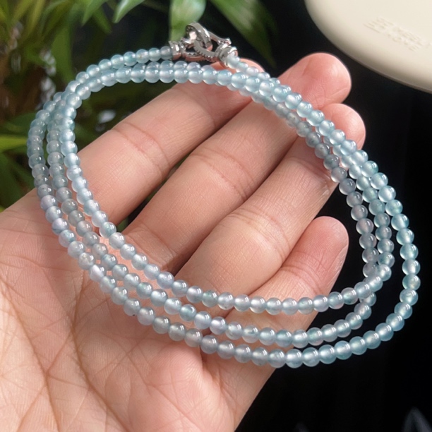 天然翡翠珠链手串玻璃种飘蓝花小米珠卡3.5蓝色百搭长链渐变时尚