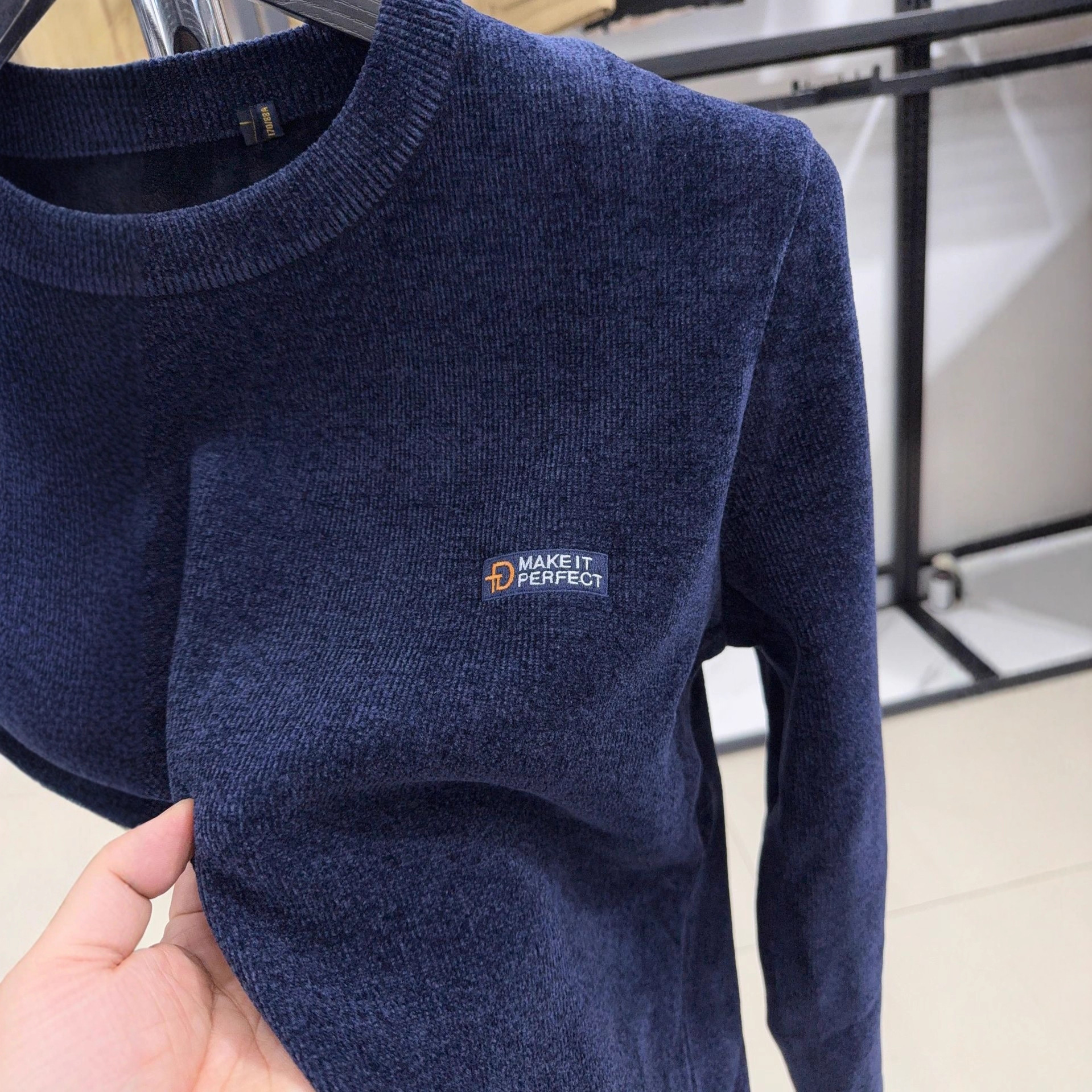 【H家】加绒加厚雪尼尔圆领长袖针织衫藏青简约百搭毛衣4D112A