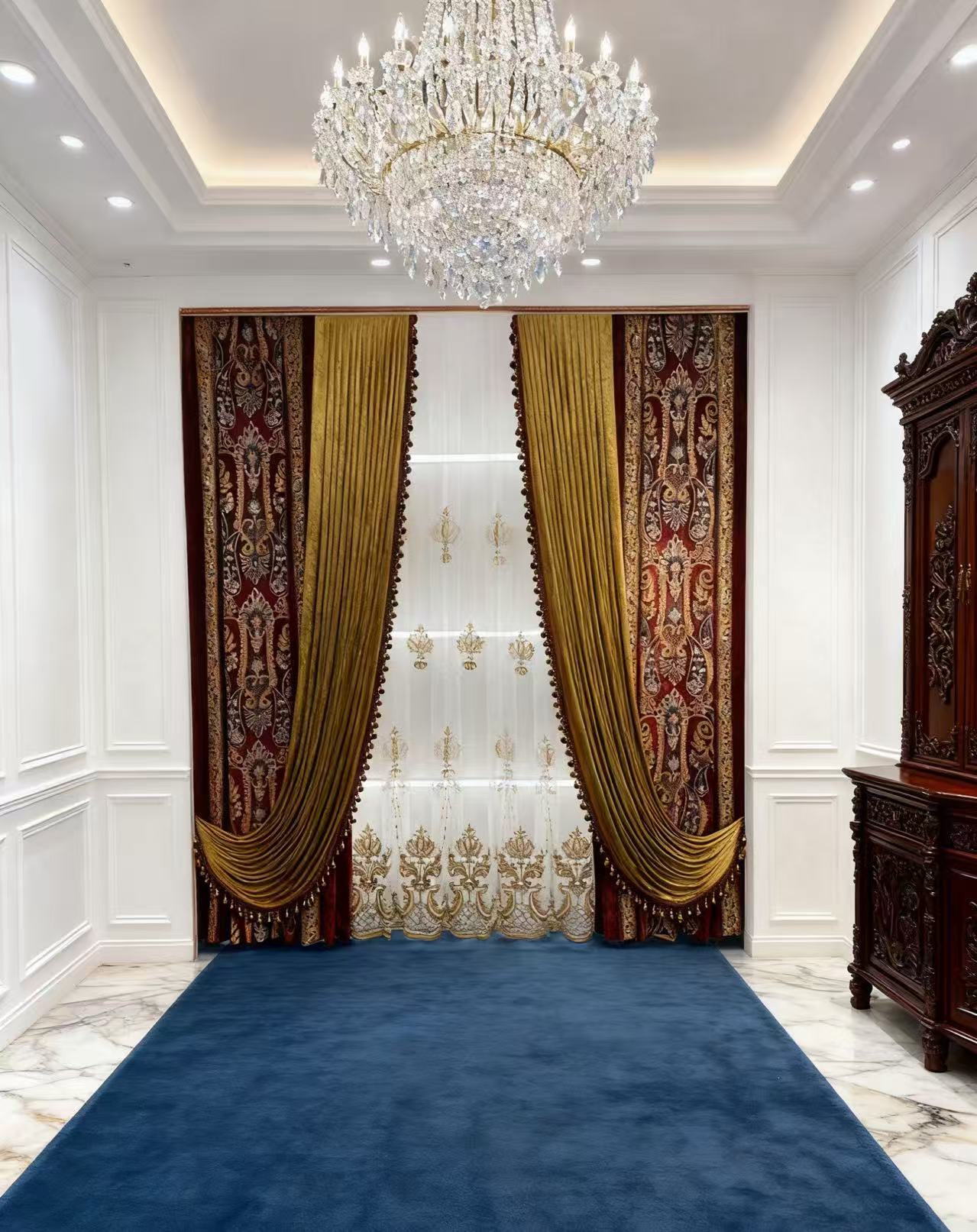 高端奢华3D鎏金雕印工艺复古欧式客厅卧室遮光窗帘布