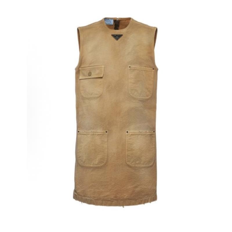 未使用 Prada/普拉达 口袋圆领直筒无袖做旧连衣裙